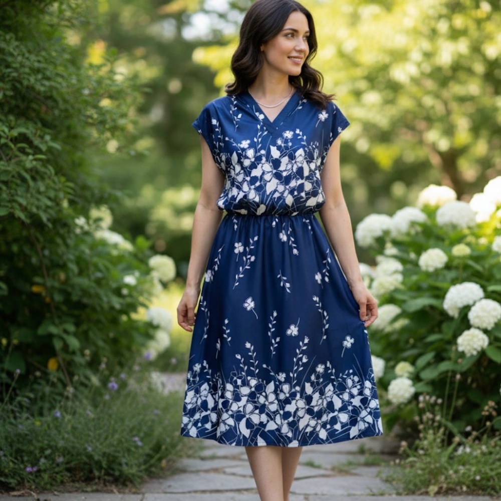 🪩 70s Vintage Sexy Navy and White Floral Midi Dress. Groovy. Sexy. 🪩